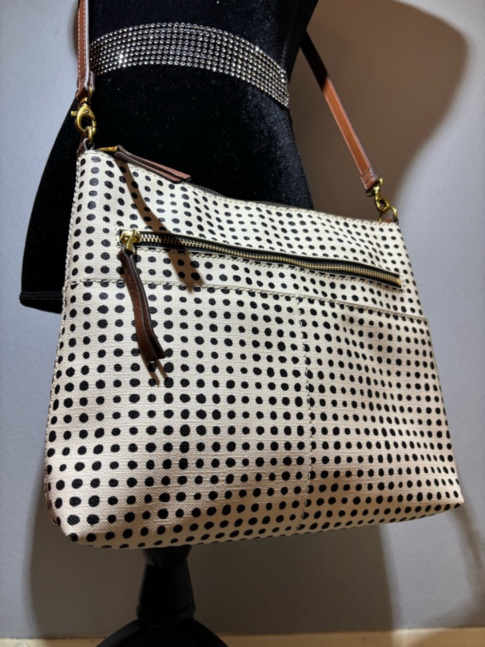 Fossil Cream Crossbody Bag with Black Polka Dots
